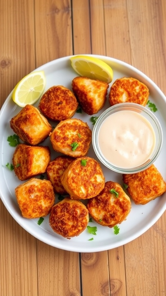 Crispy baked salmon bites served with lemon wedges and dipping sauce on a rustic wooden table.